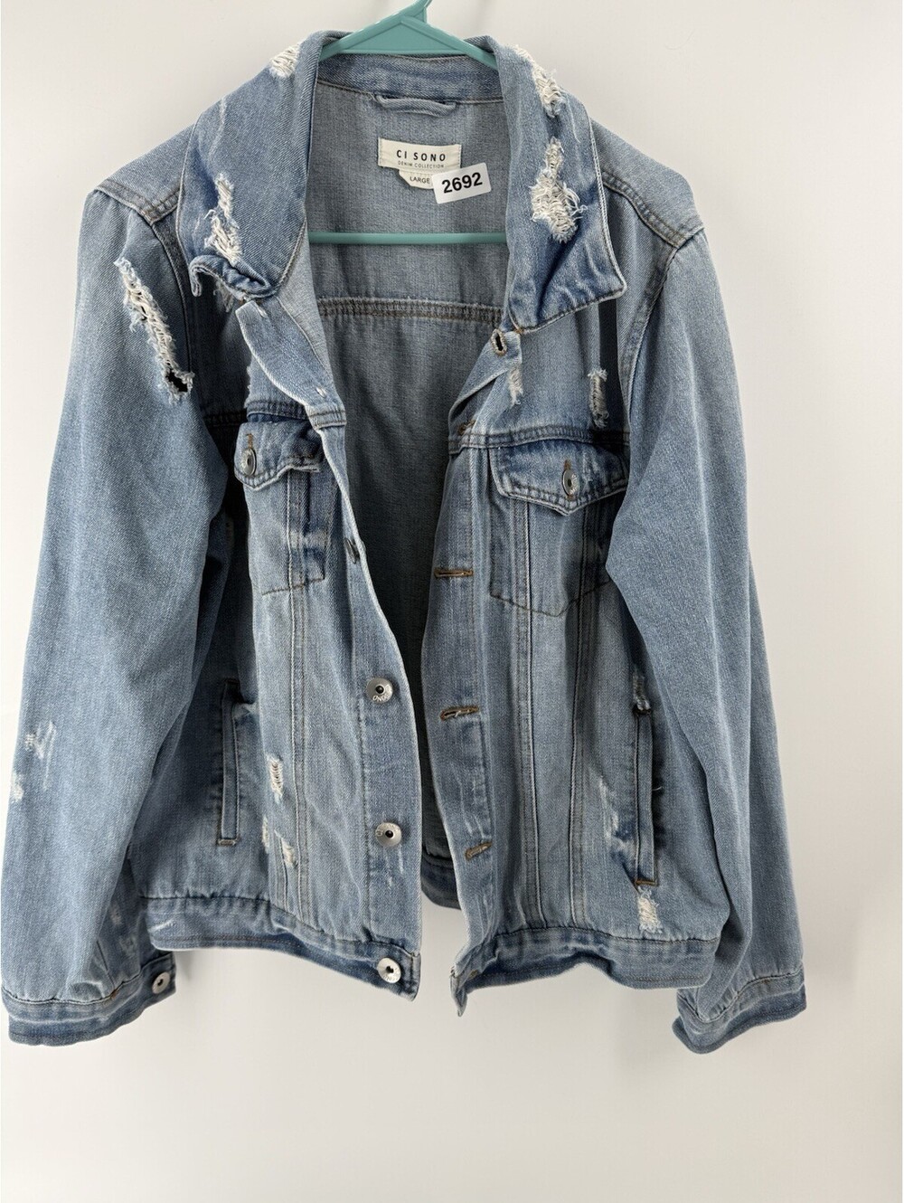 Ci Sono Women Jean Denim Trucker Jacket Large Heavily Factory Distressed Blue